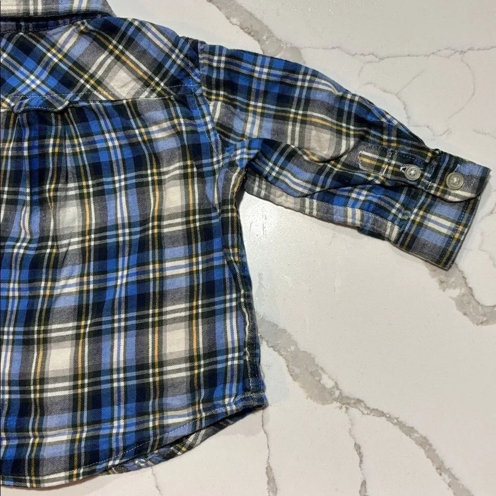 The Children’s Place Boys Blue Flannel Plaid Button Down Dress Shirt 6-9 Months
